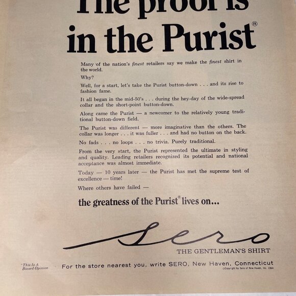 Vintage 1968 Magazine Ad Sero Gentlemans Shirt Proof is in Purist u - Picture 3 of 3